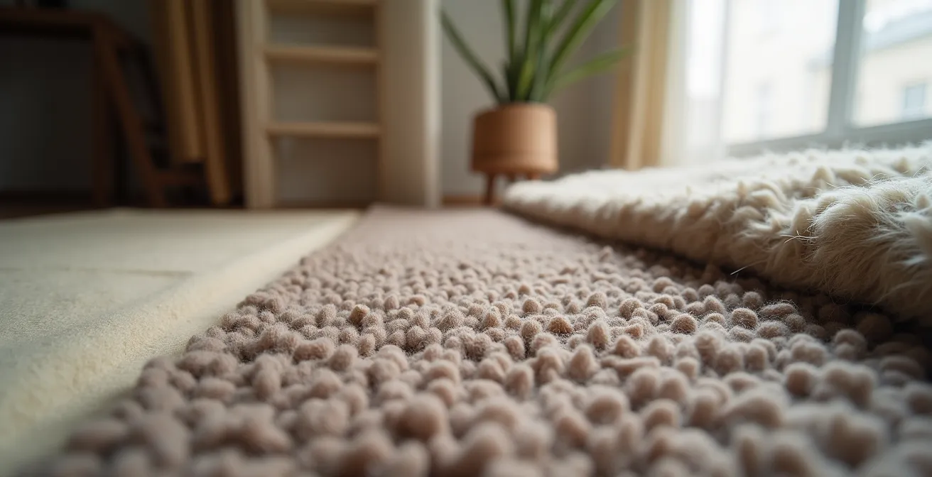 Open plan living space with strategically placed textiles for sound absorption
