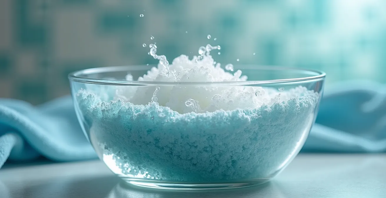 Close-up view of laundry stripping process showing removal of buildup from synthetic gym clothes