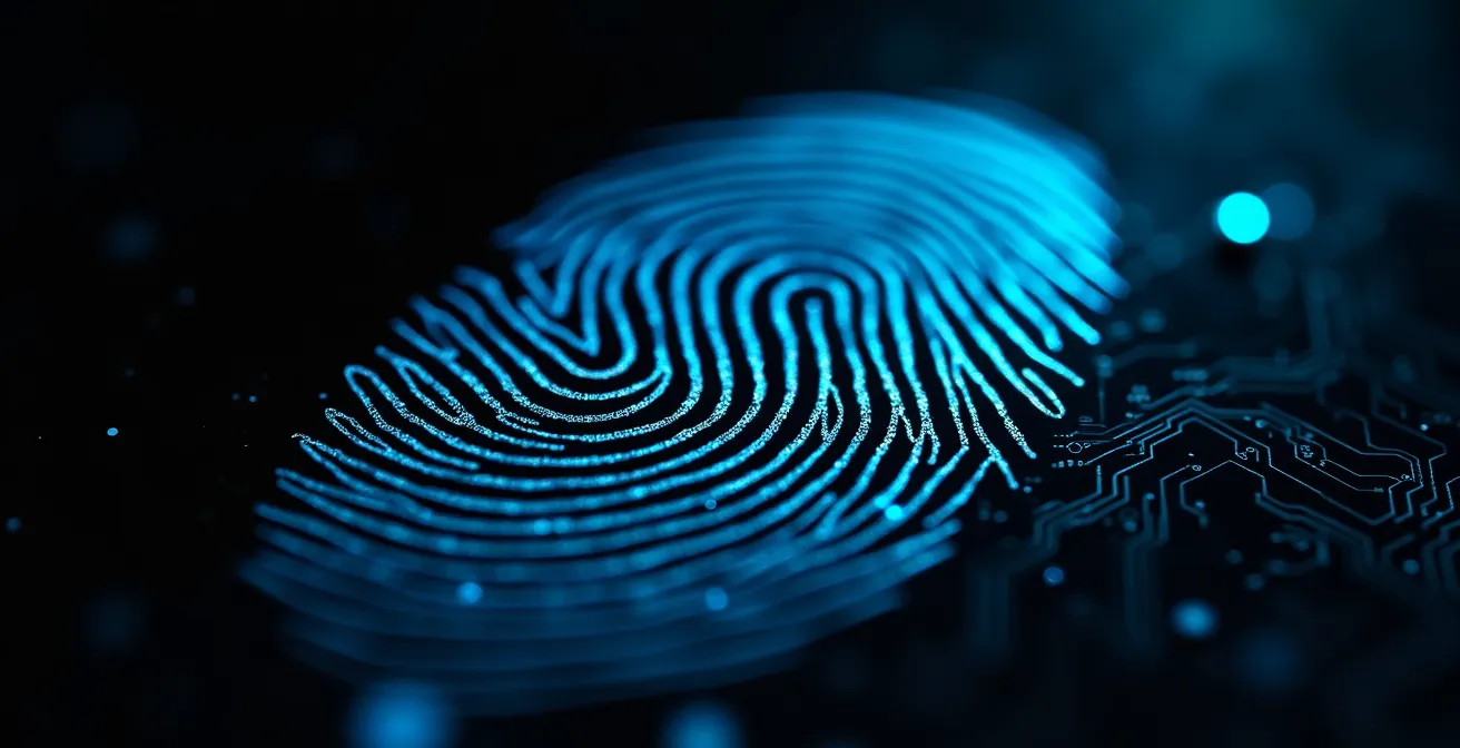 Close-up of fingerprint texture transitioning into abstract digital pattern