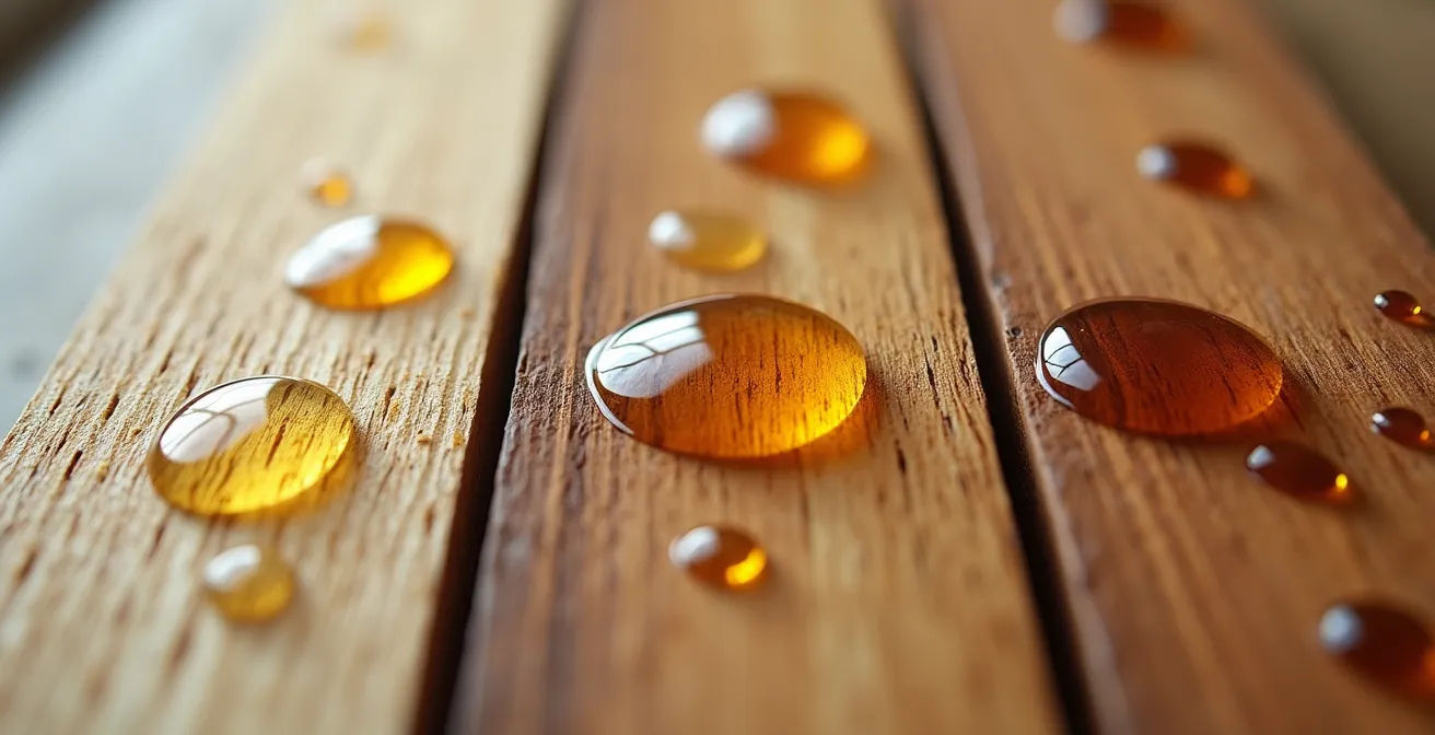Close-up of coffee and wine drops on different wood finishes showing absorption patterns