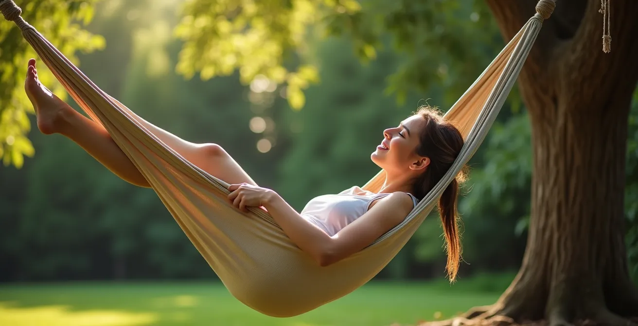 Close-up demonstration of proper hammock hanging technique showing 30-degree angle and diagonal lying position