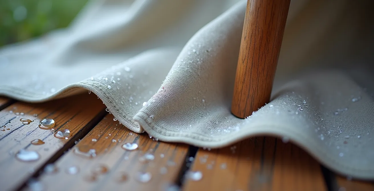 Close-up view of vented furniture cover on a teak dining set showing the airflow design