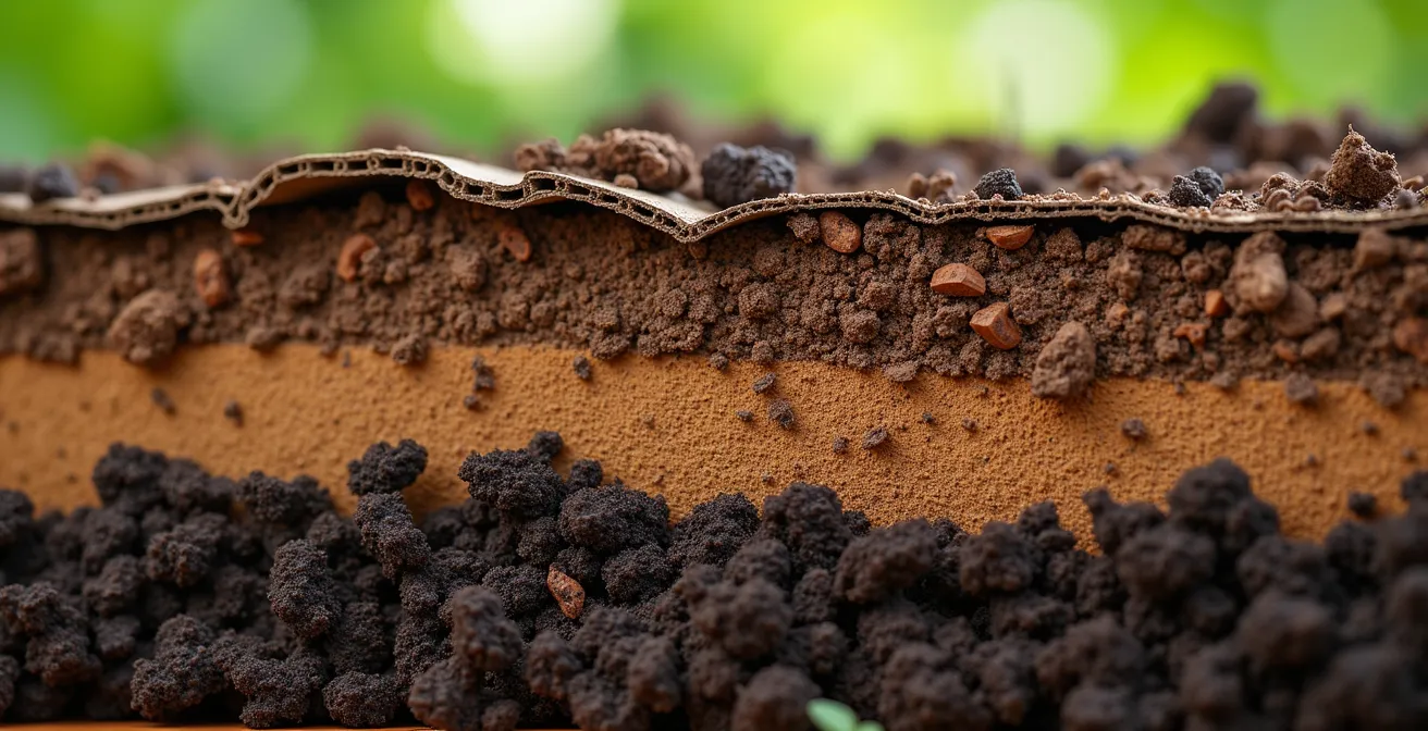 Cross-section view of layered cardboard and mulch in a garden bed showing decomposition stages