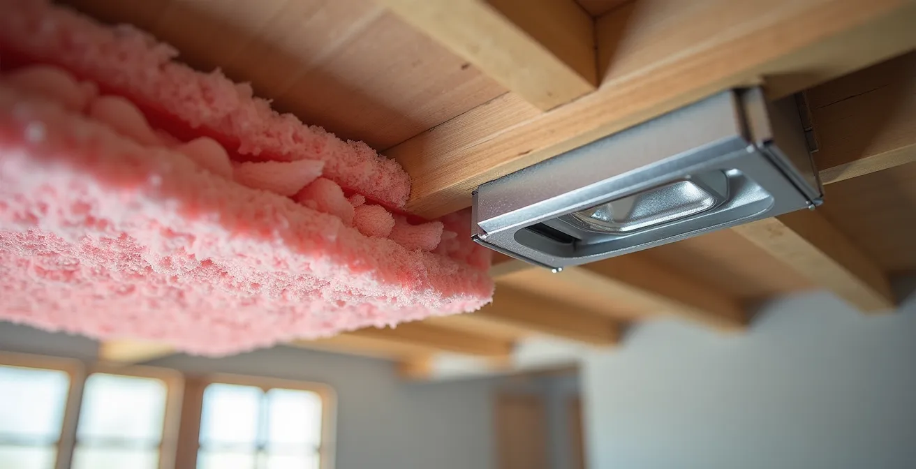 Technical cross-section view of IC-rated recessed fixture installation in insulated ceiling