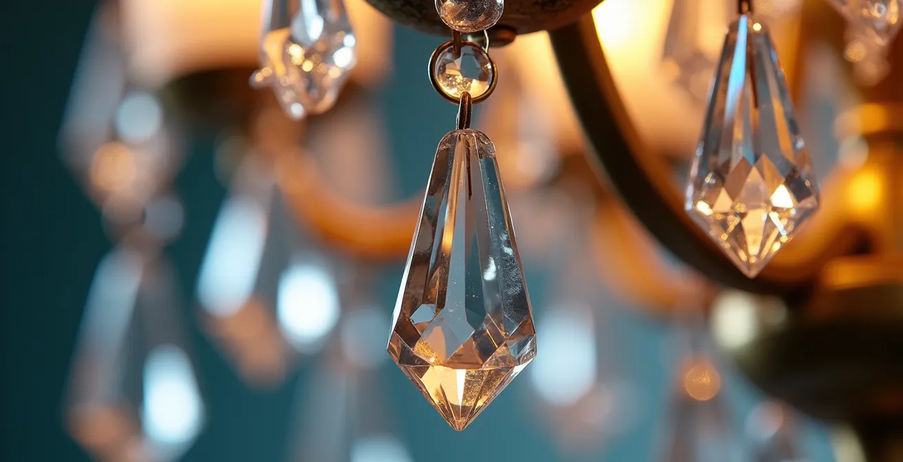 Extreme close-up of vintage crystal chandelier showing intricate hand-cut facets and patina