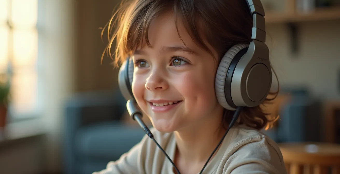 Young student wearing comfortable over-ear headphones during online class with confident posture