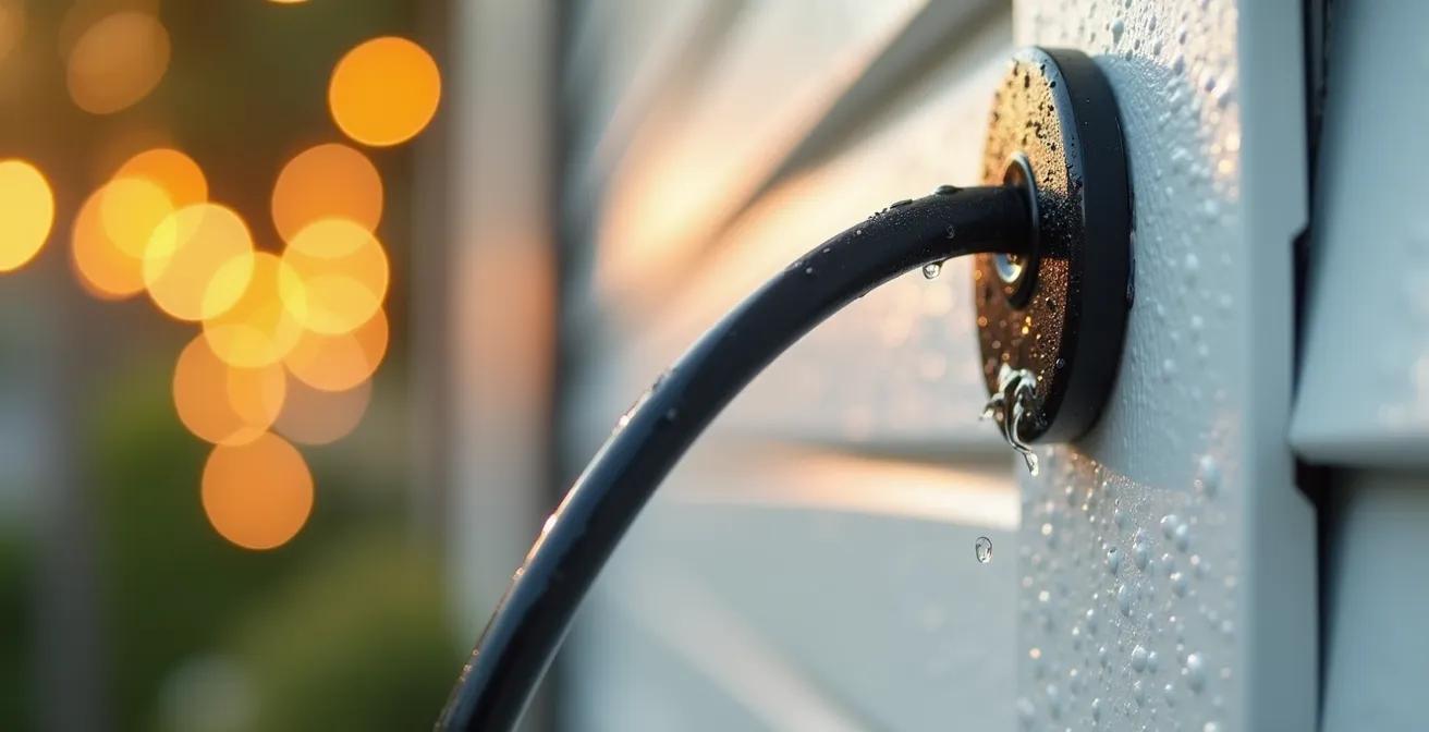 Macro shot of water dripping away from an adhesive hook due to a proper drip loop in the cable.