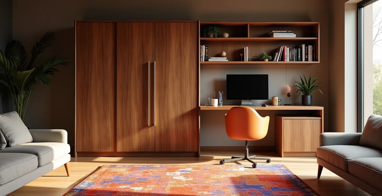 A cleverly concealed ergonomic workstation blending into living room decor