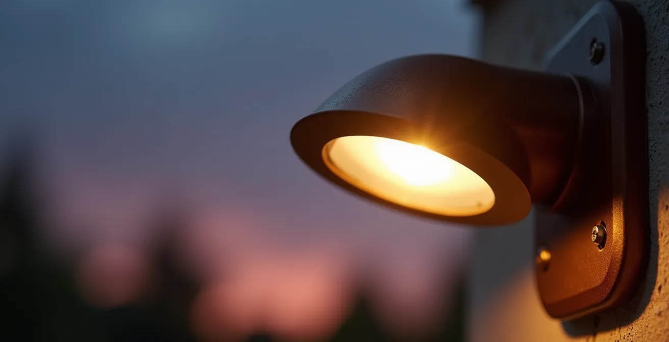 Close-up comparison of full cutoff driveway fixture directing light downward at dusk