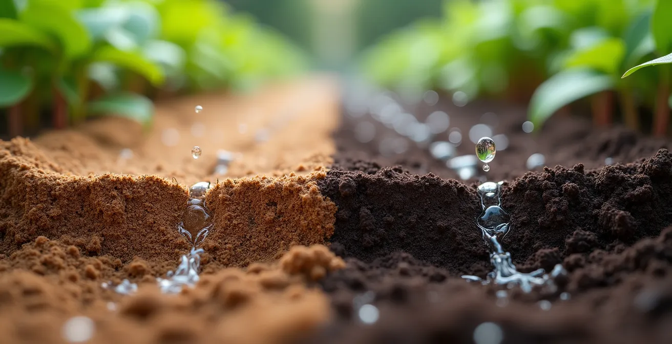 Close-up comparison of drip irrigation effectiveness on different soil types