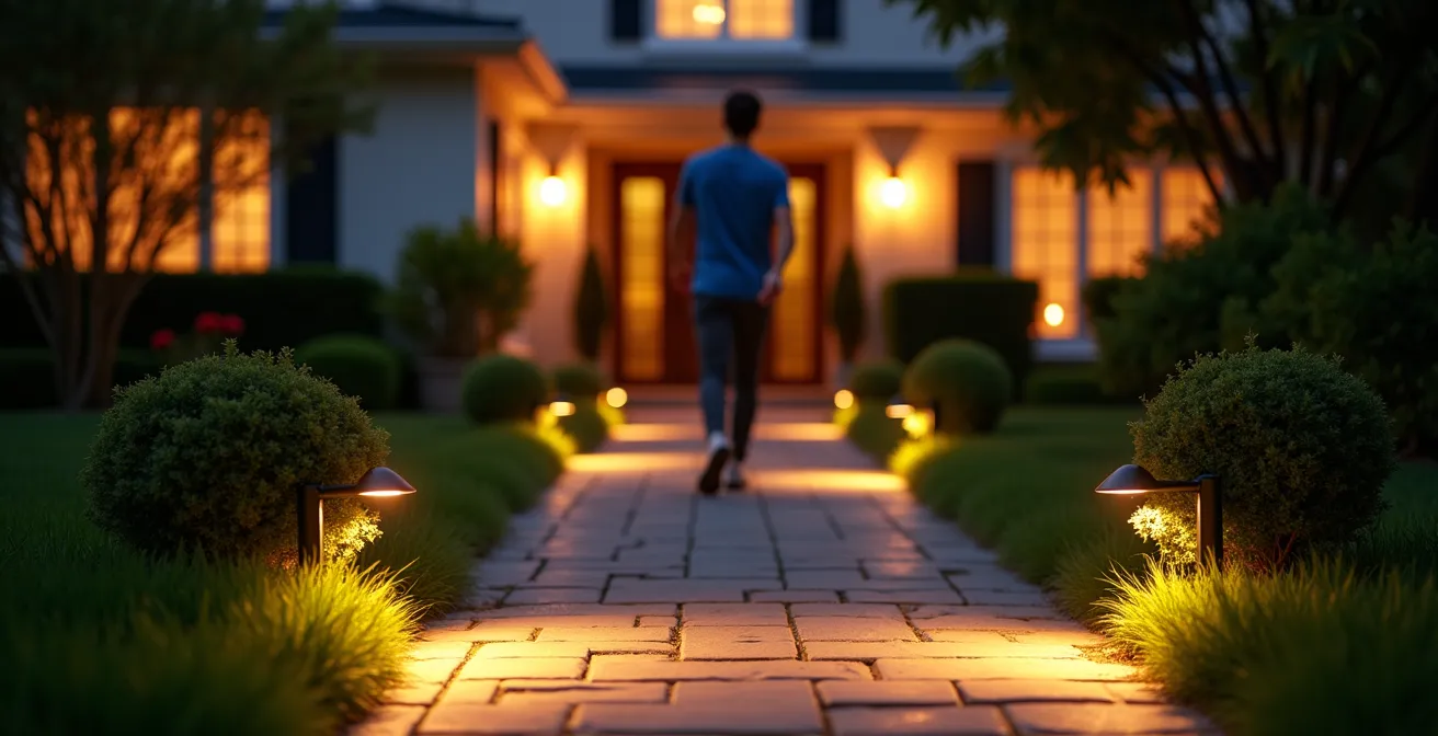Elegant driveway with layered security lighting creating welcoming ambiance