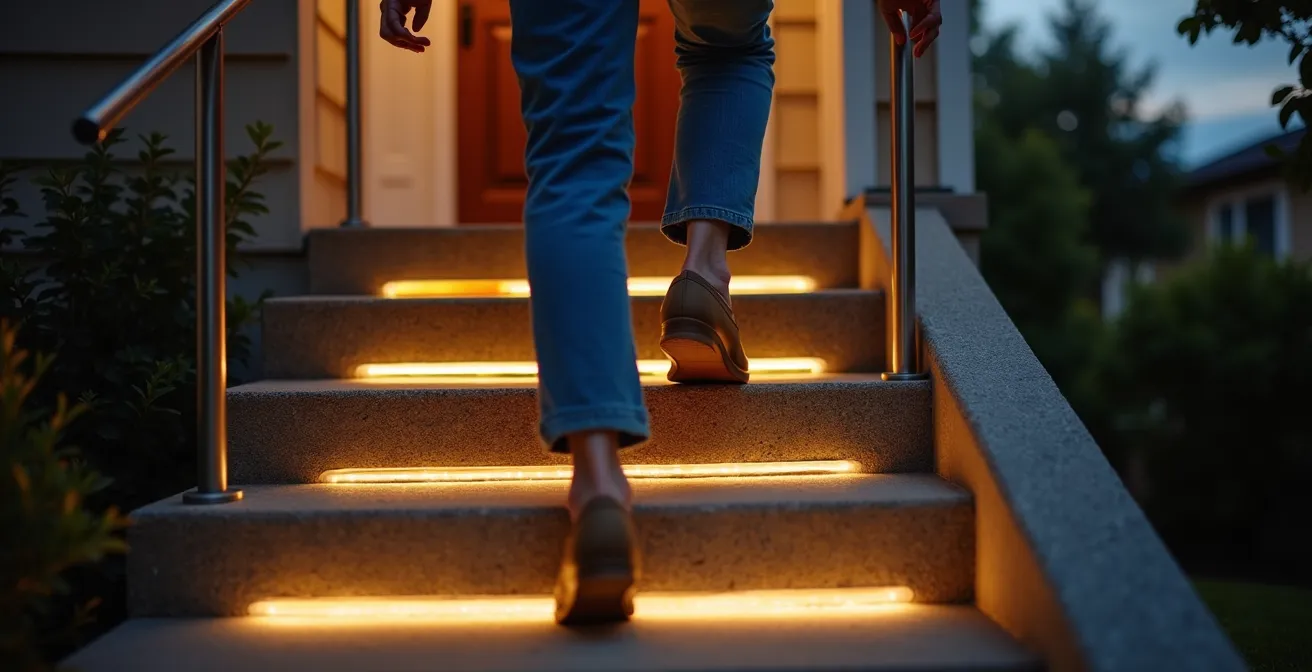 Warm recessed step lights creating safe visual transition zones along residential entrance