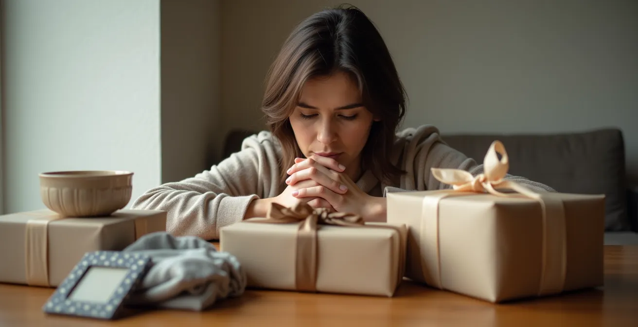 Person contemplating unwanted gift items arranged on a table with soft lighting