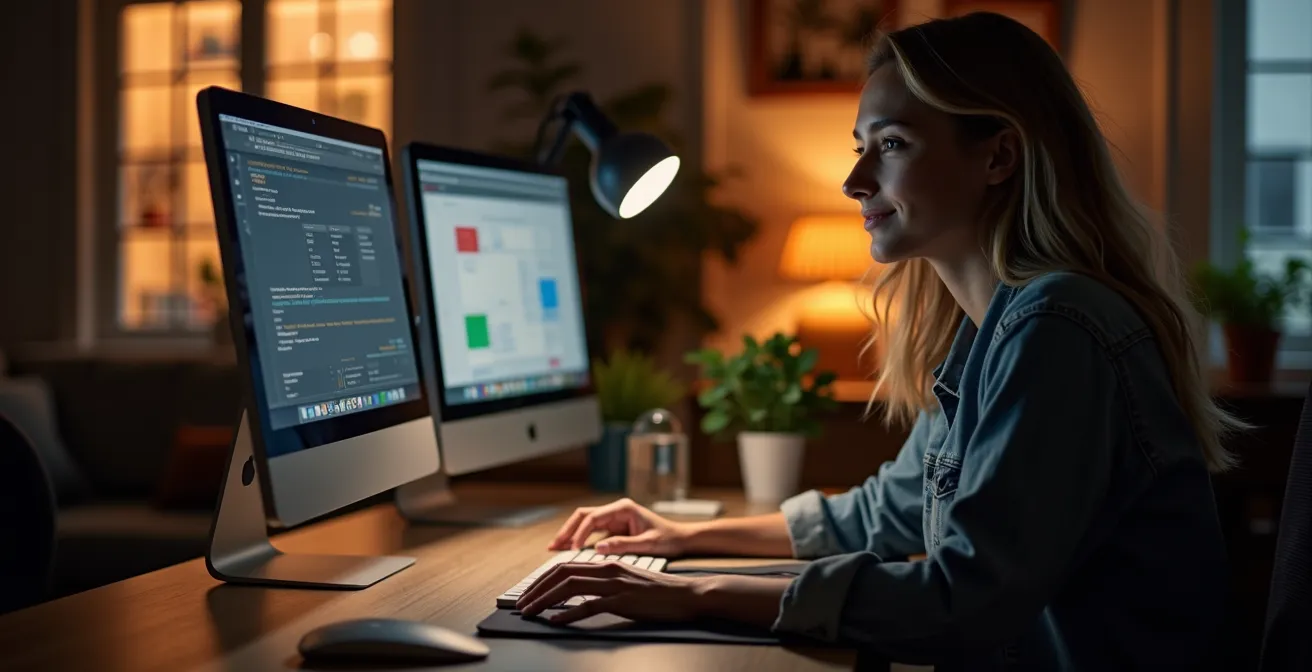Proper ergonomic lighting setup in a living room workspace showing bias lighting and layered illumination