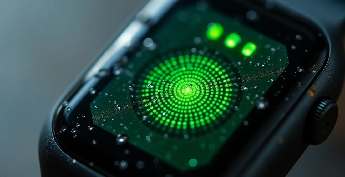 Extreme close-up of fitness tracker sensor showing wear patterns