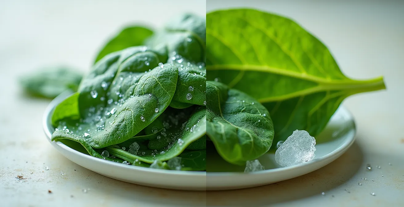 Macro comparison of frozen spinach brick texture versus fresh spinach leaves