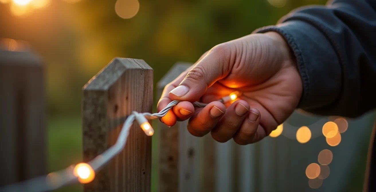 Hands demonstrating a one-handed repair technique on string lights with a visible service slack loop.
