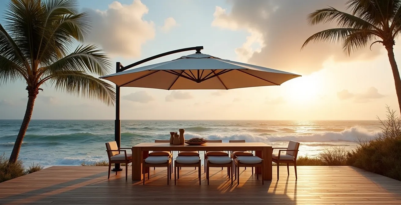 Wide shot of substantial teak dining table with a cantilever umbrella in a windy coastal setting