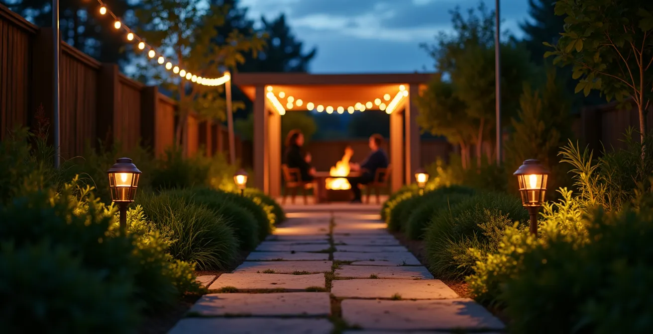 Evening garden scene with layered lighting leading to a glowing fire pit destination