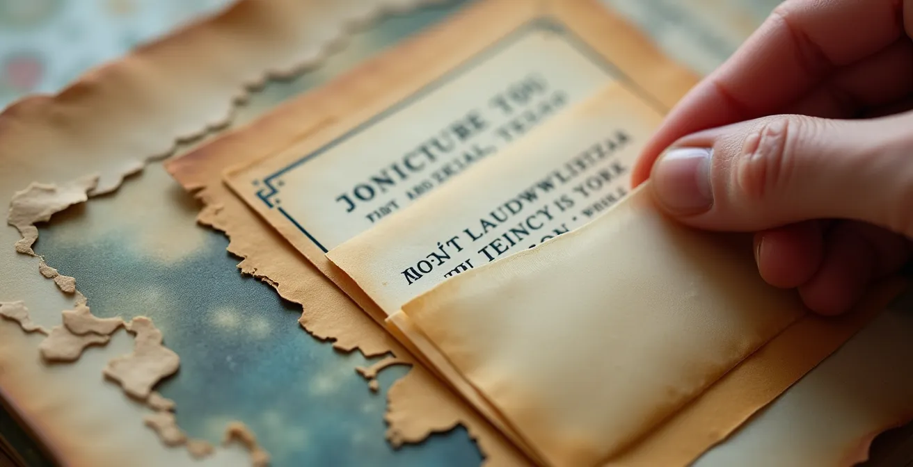 Close-up of hands opening a handmade envelope pocket on a scrapbook page revealing a concert ticket