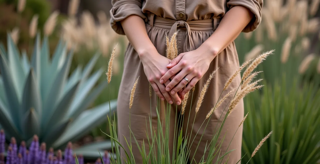 Four-season xeriscape garden showing dramatic texture contrasts and color echoing