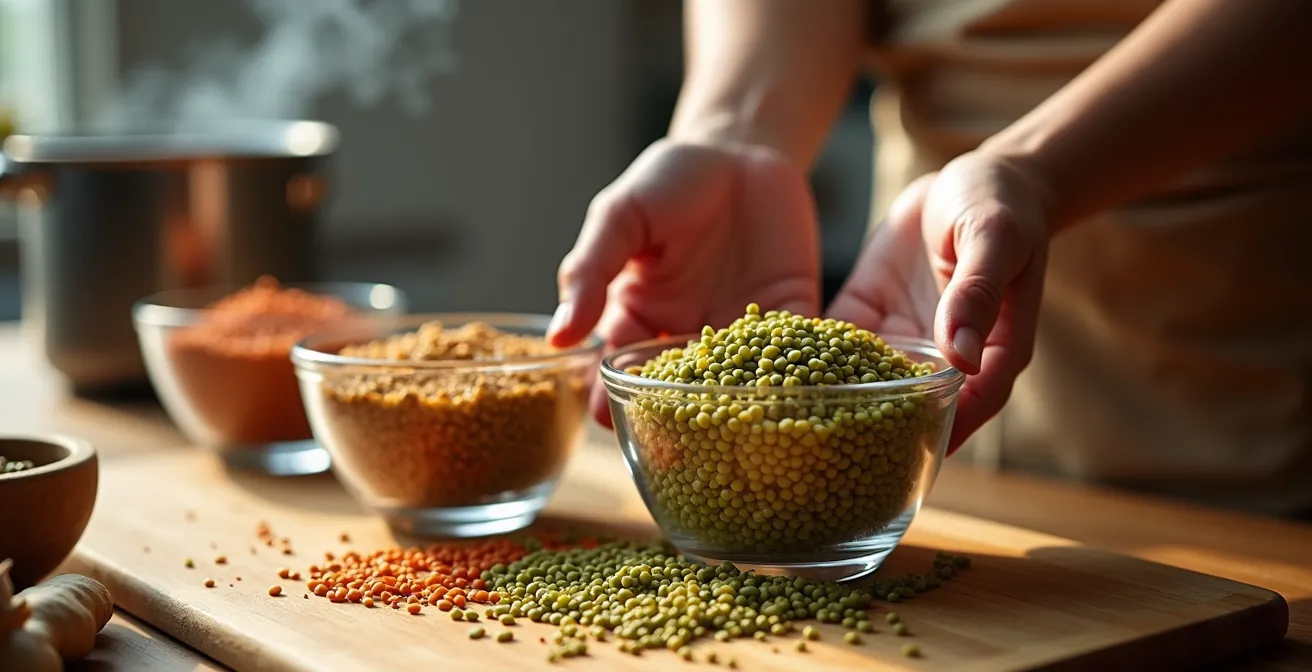Hands preparing lentils with soaking and sprouting stages visible