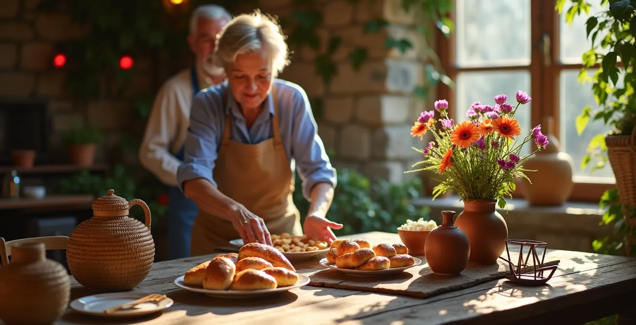A warm, inviting entrance to a family-run European guesthouse displaying local artisan products
