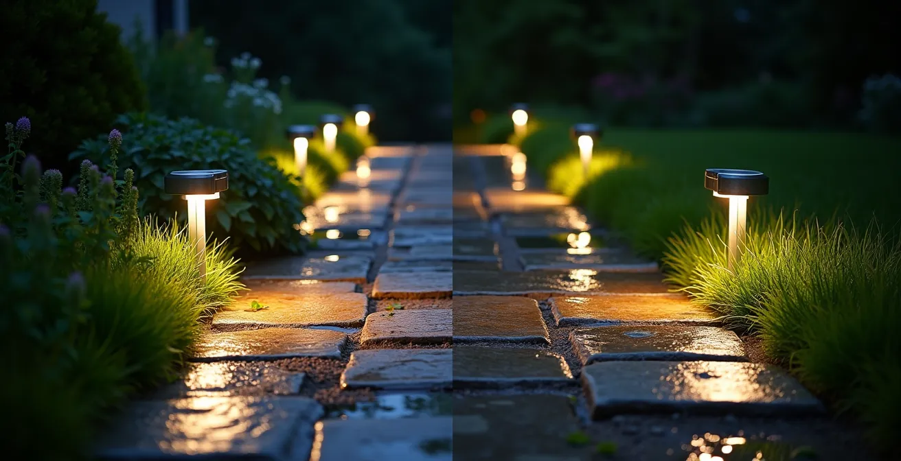 Split-screen comparison showing a pathway lit with soft 3-lumen ambient lights on one side and clear 50-lumen safety lights on the other