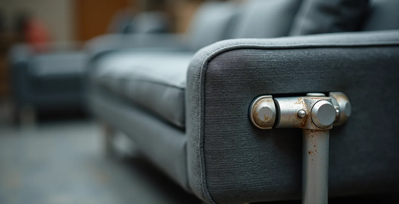 Extreme macro shot of modular furniture hinge mechanism with dust buildup