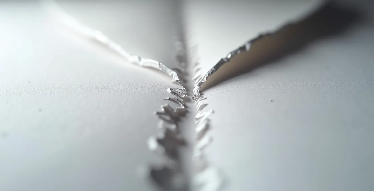 Extreme close-up showing difference between clean cut and torn paper fibers