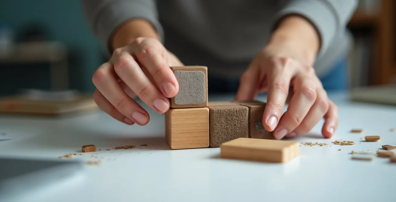 Close-up of hands assembling portfolio pieces like building blocks