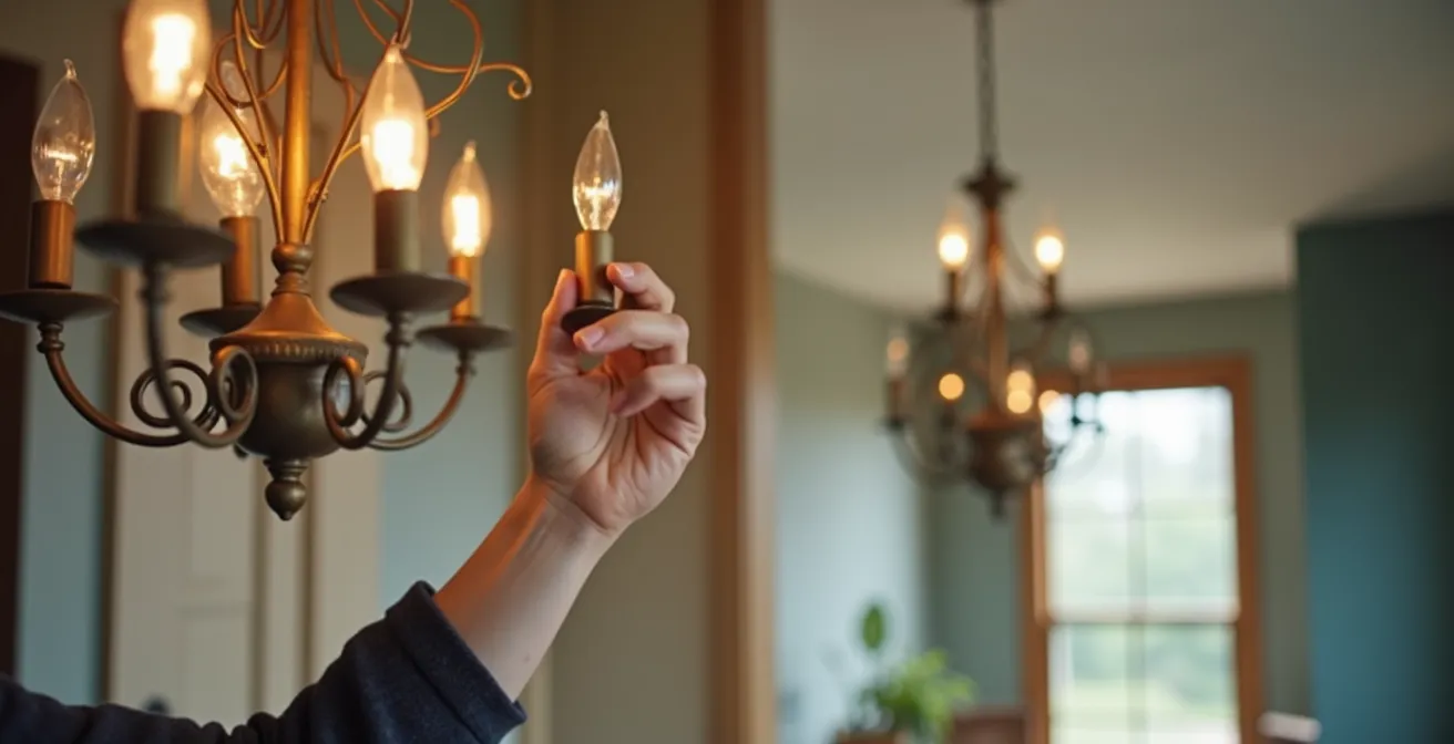 Interior showing a mixed-metal chandelier bridging different hardware finishes throughout the space