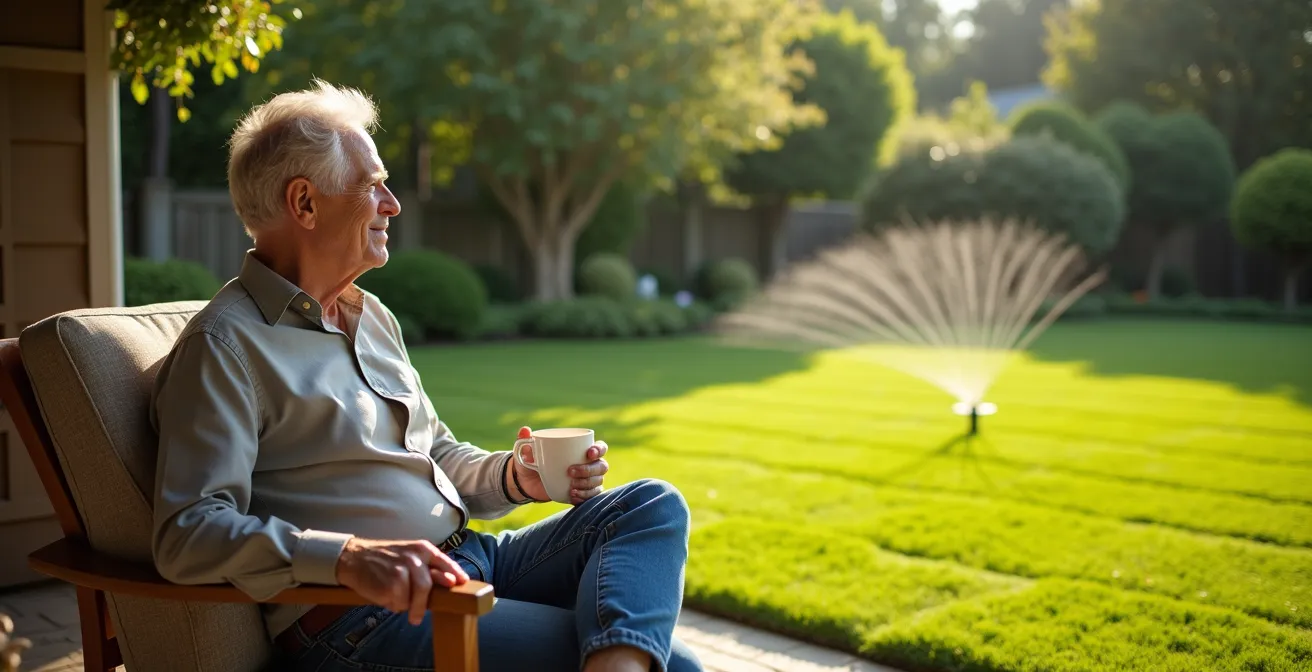 Contemporary home with automated lawn care system and smart irrigation