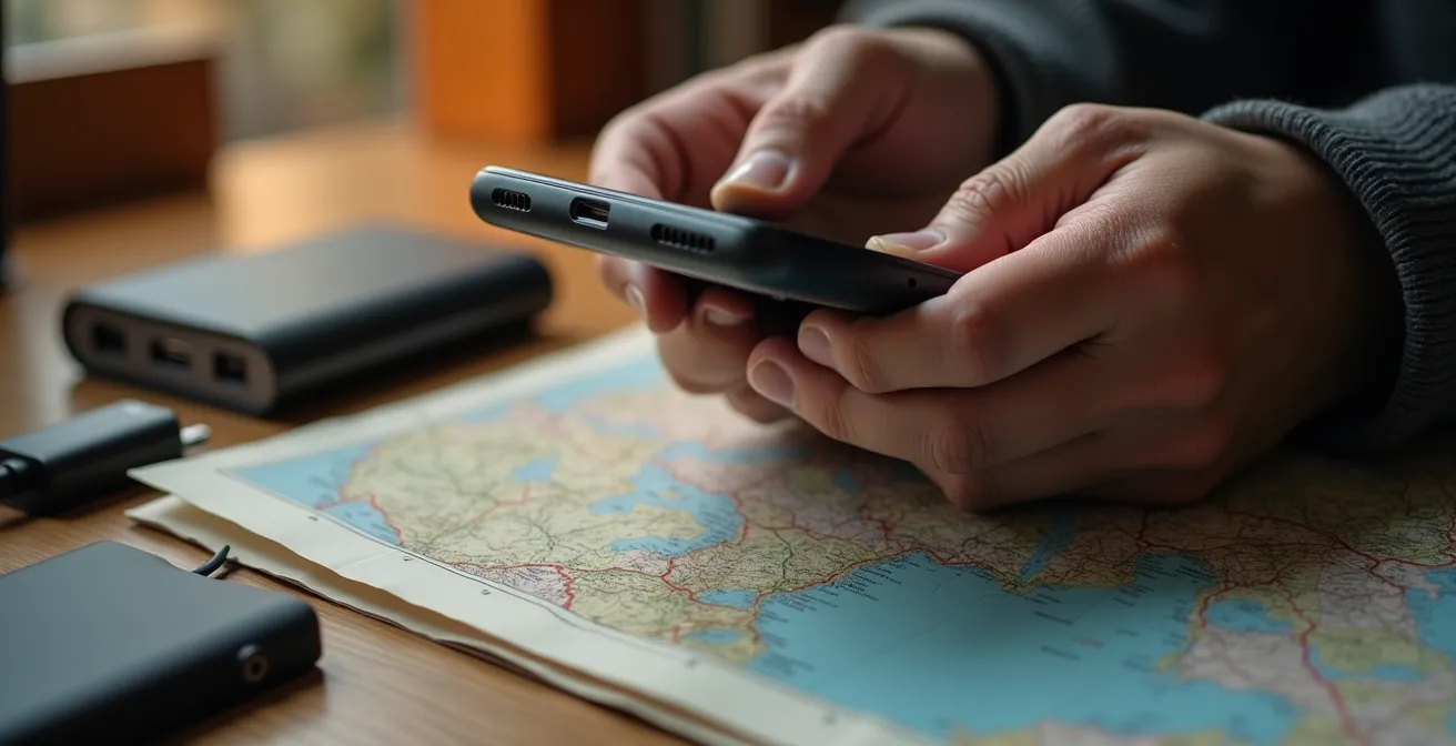 A smartphone displaying a map download screen, surrounded by travel accessories like a power bank and paper map