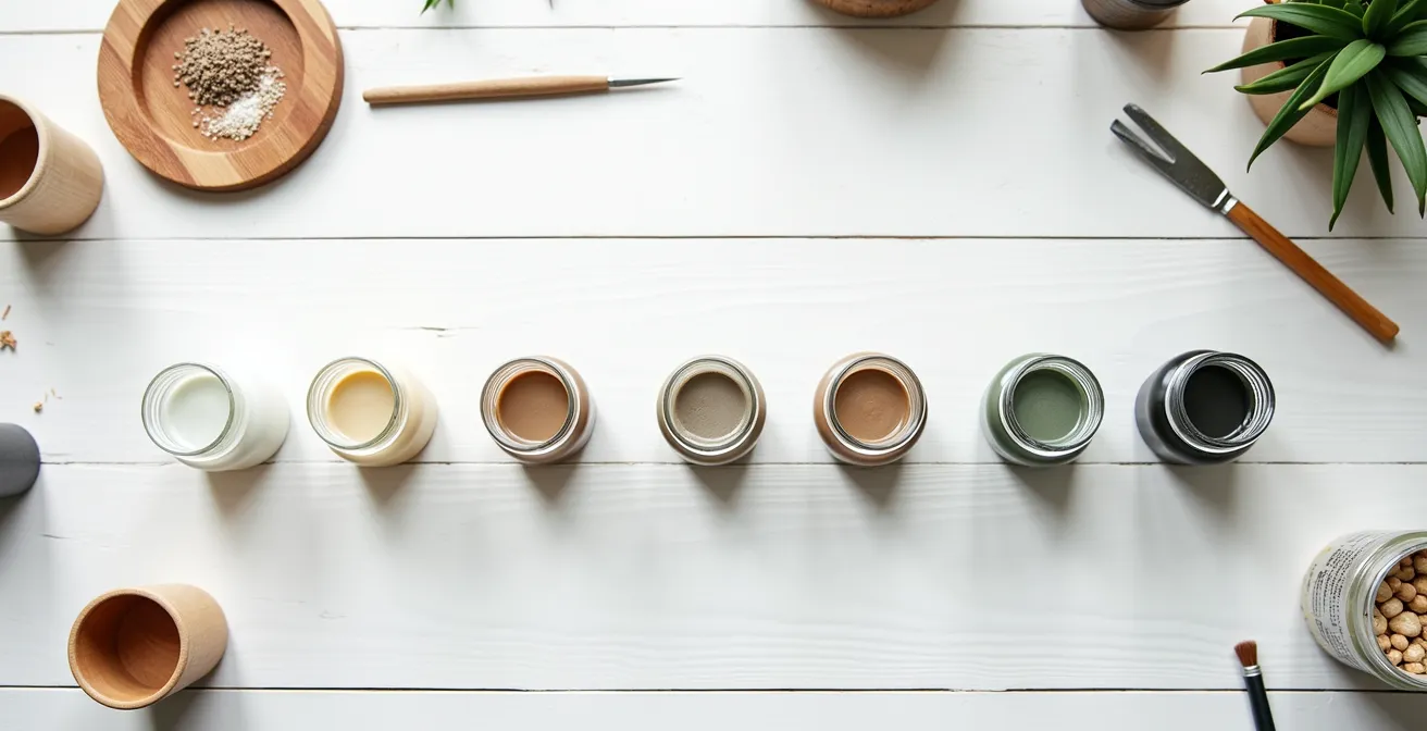 Bird's eye view of organized craft workspace showing assembly line of glass jars in various stages