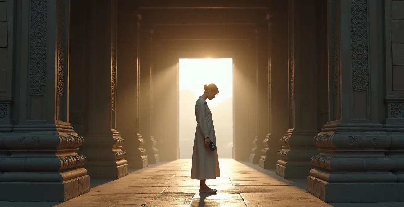 Photographer lowering camera and bowing respectfully at temple entrance