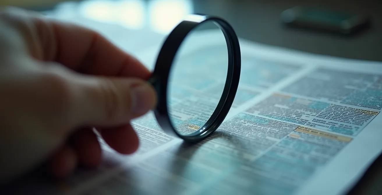 Close-up of hands examining document with magnifying glass revealing hidden details