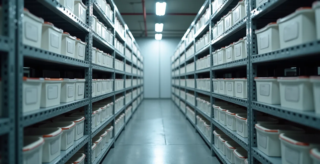 Organized basement storage area with labeled boxes featuring QR codes on shelves