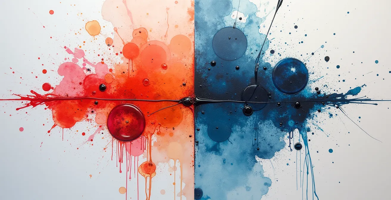 Abstract paint strokes showing the beginning stages of both watercolor and acrylic painting