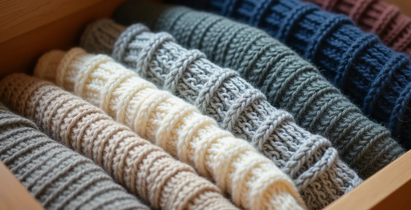 Organized closet showing seasonal clothing transition with storage boxes and hanging clothes