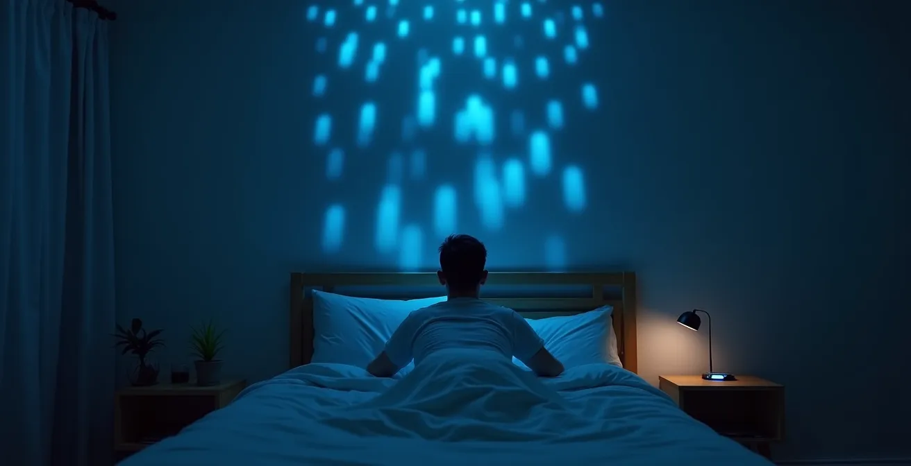 Person in bed at night with soft glow from sleep tracking device creating abstract patterns