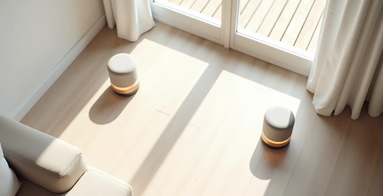 Living room showing optimal smart speaker placement for acoustic coverage