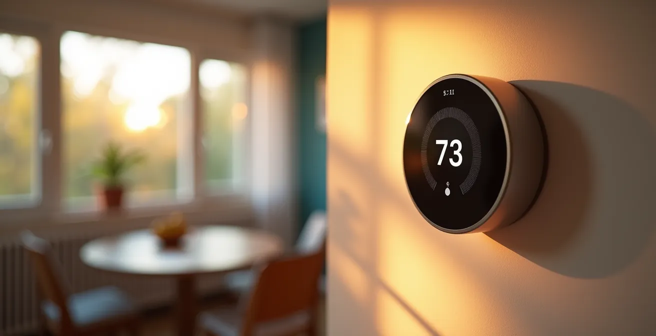 Modern smart thermostat on wall with visual representation of home thermal zones
