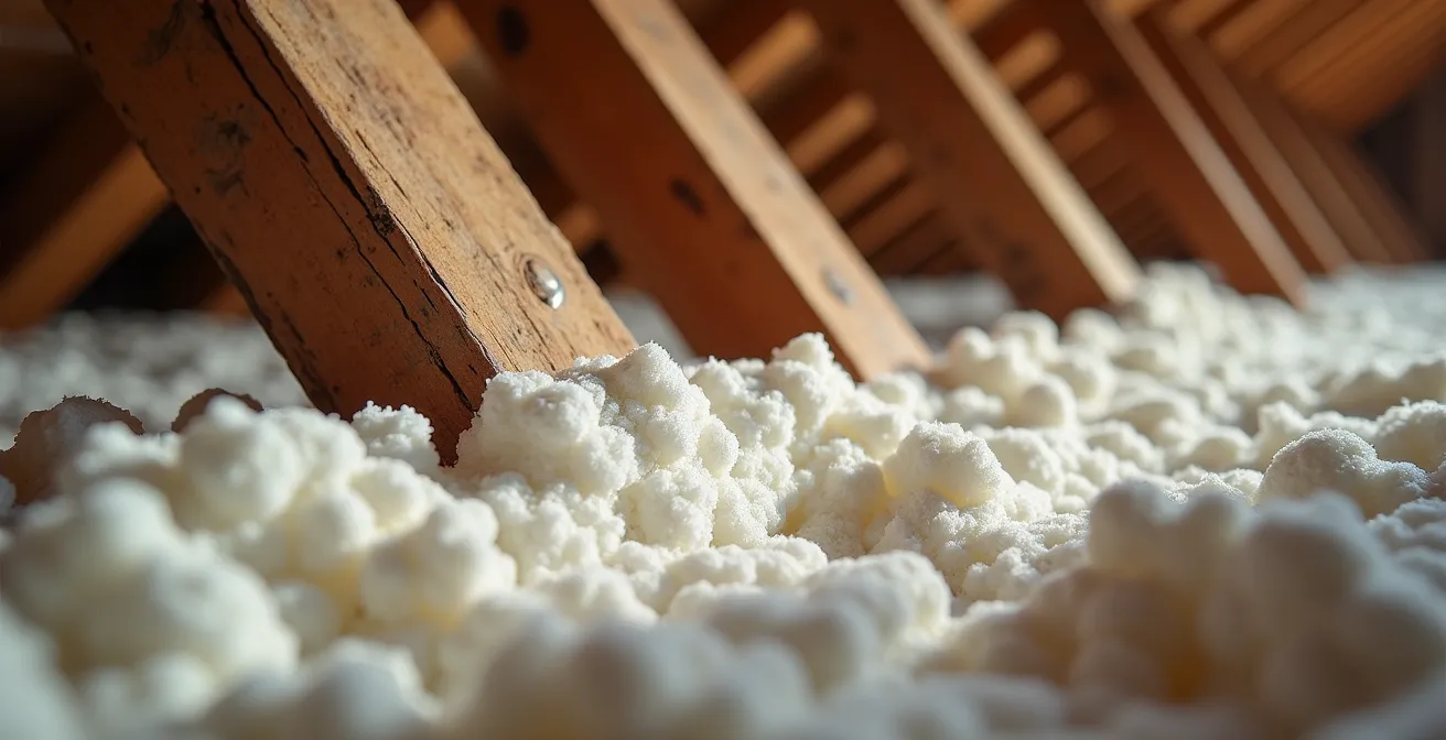 Professional installing spray foam insulation in historic home attic showing air sealing properties