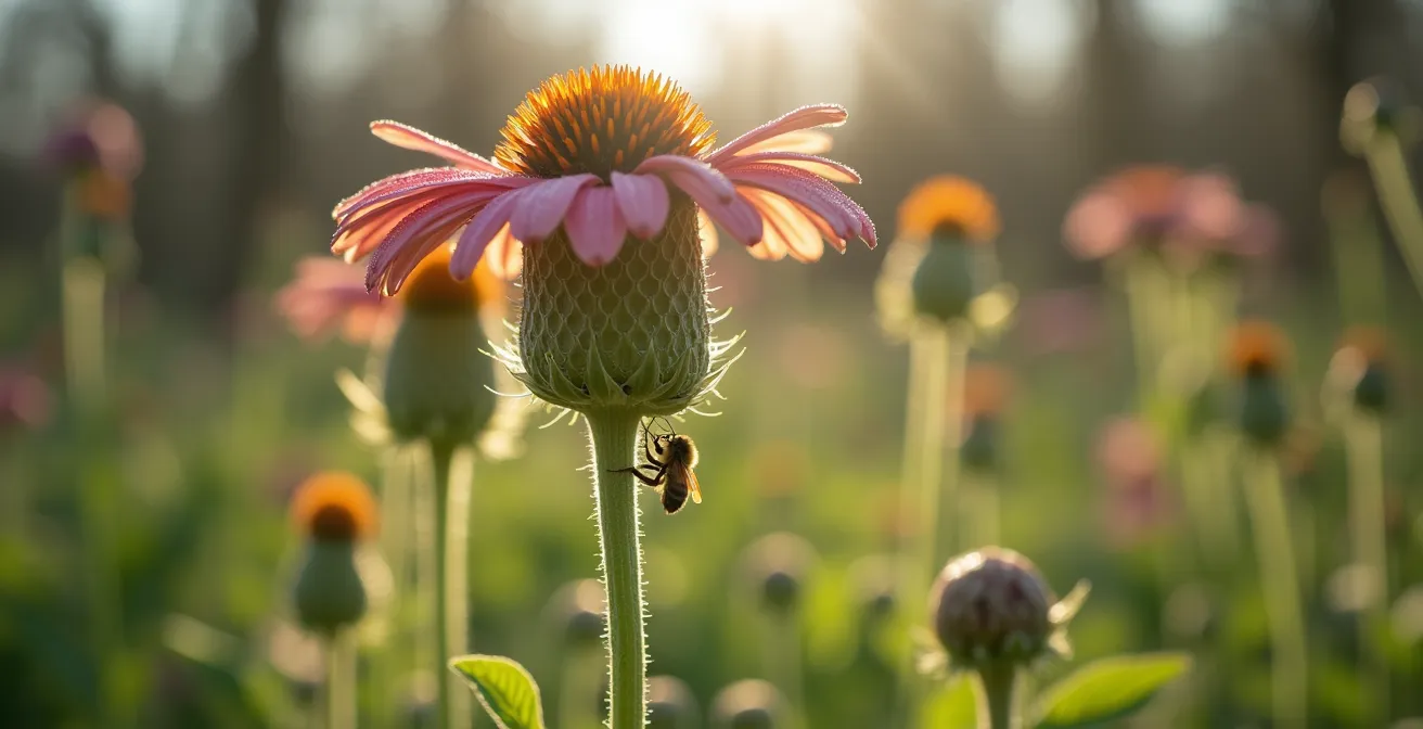 Standing perennial stems in early spring garden showing natural bee nesting sites