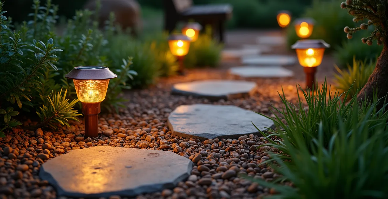 Aerial view of a garden path with asymmetrically placed solar lights creating natural, overlapping pools of light