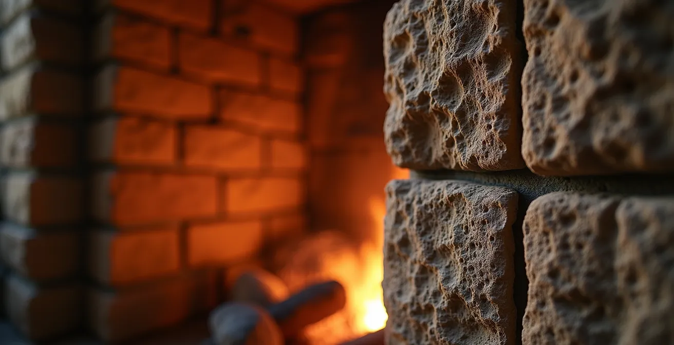 A stone fireplace with dramatic grazing light creating deep vertical shadows along the mortar lines, extending to the ceiling