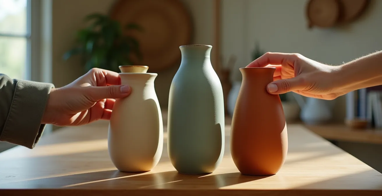 Three DIY ceramic vases of varying heights styled on a wooden shelf using the Rule of Three principle.