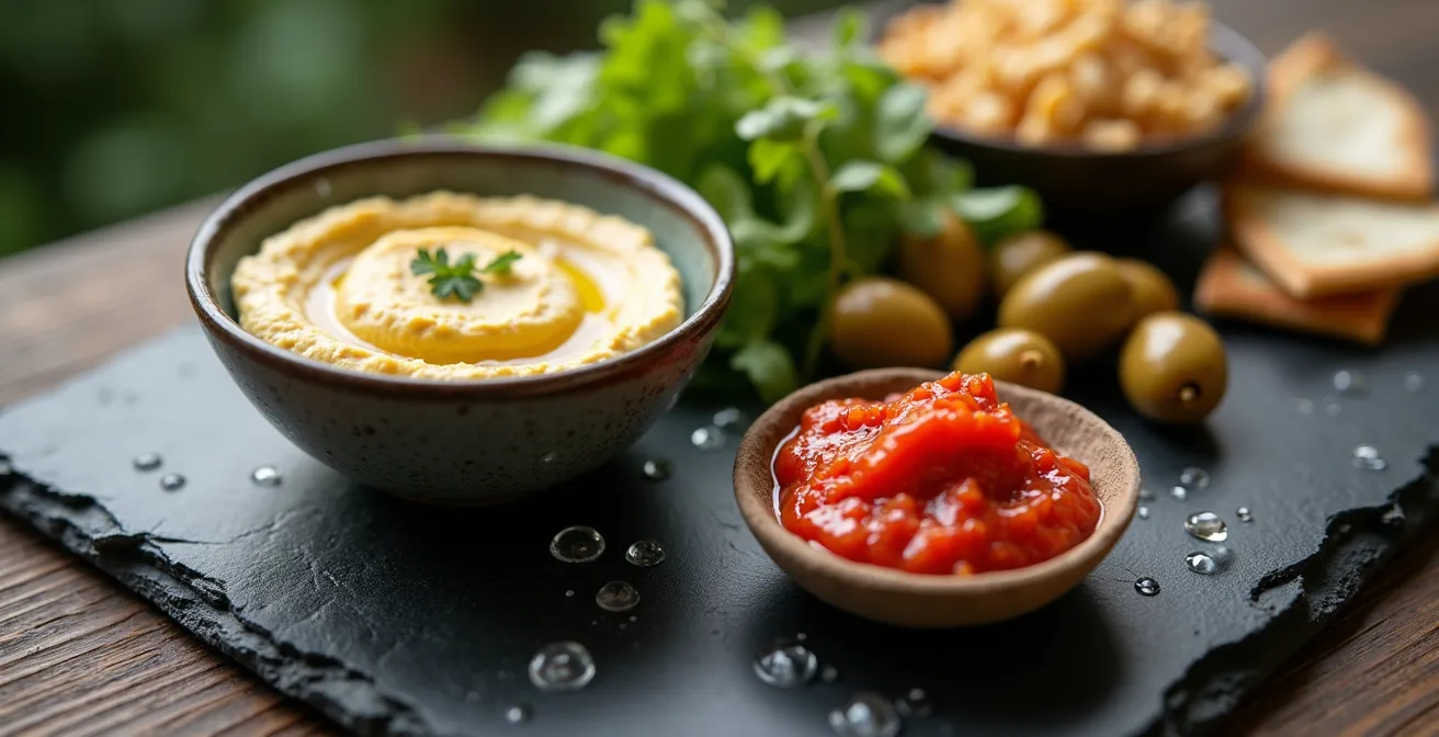 Mediterranean mezze platter with colorful dips and vegetables on chilled slate