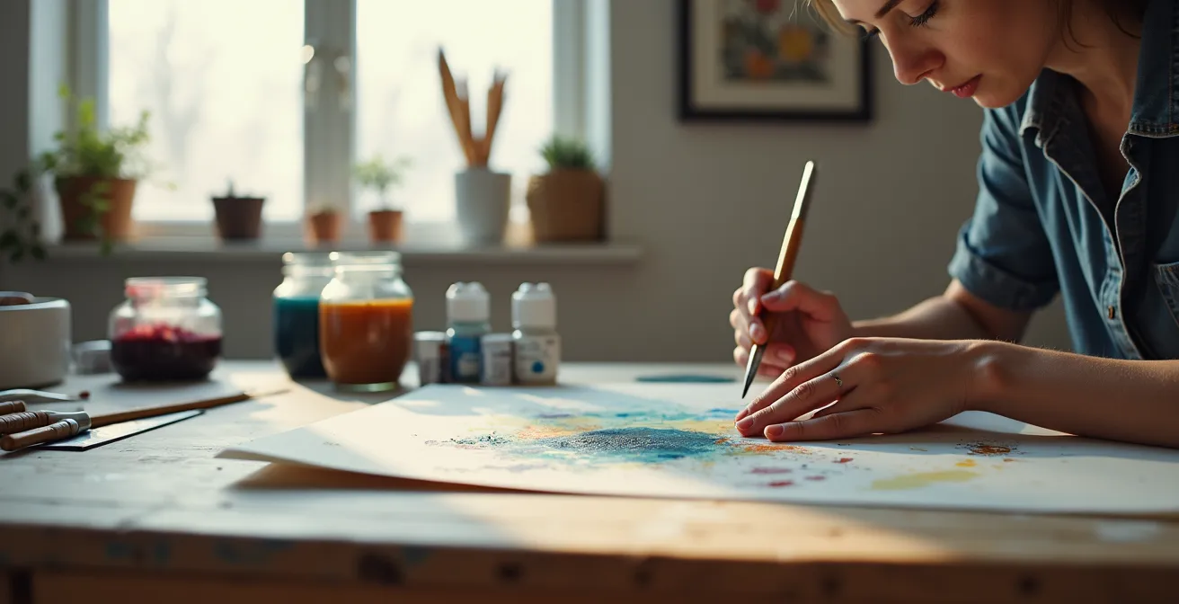 Hands experiencing the tactile sensation of traditional painting mediums